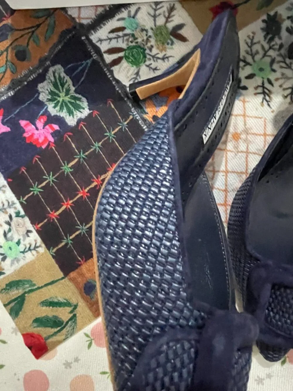 Manolo Blahnik Navy Woven Square-Buckle Mule Heels